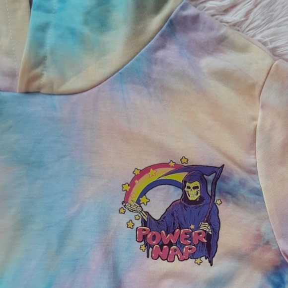 Hot Topic Tops - Pastel tiedyed hoodie with grim reaper "power nap" design w rainbow